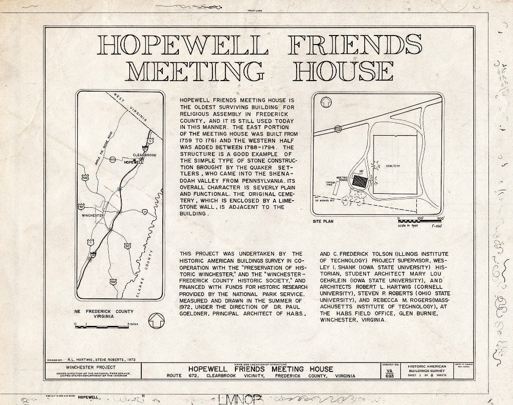 Blueprint HABS VA,35-Clear.V,1- (Sheet 1 of 8) - Hopewell Friends Meeting House, Interstate 81, Clear Brook, Frederick County, VA