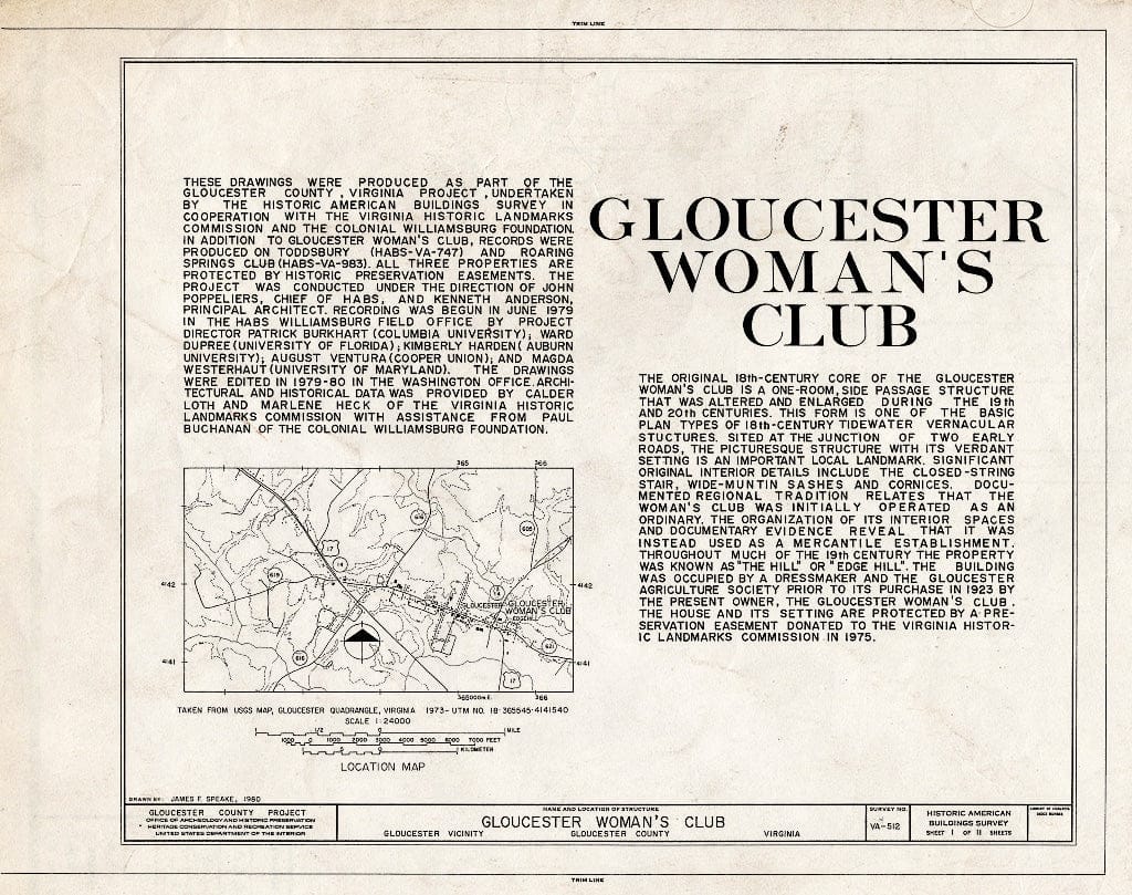 Blueprint HABS VA,37-GLO,3- (Sheet 1 of 11) - Gloucester Women's Club, U.S. Route 17 & State Route 14, Gloucester, Gloucester County, VA