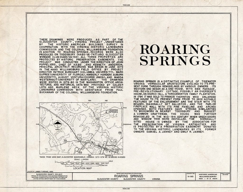 Blueprint HABS VA,37-GLO.V,4- (Sheet 1 of 9) - Roaring Springs, State Route 616 Vicinity, Gloucester, Gloucester County, VA