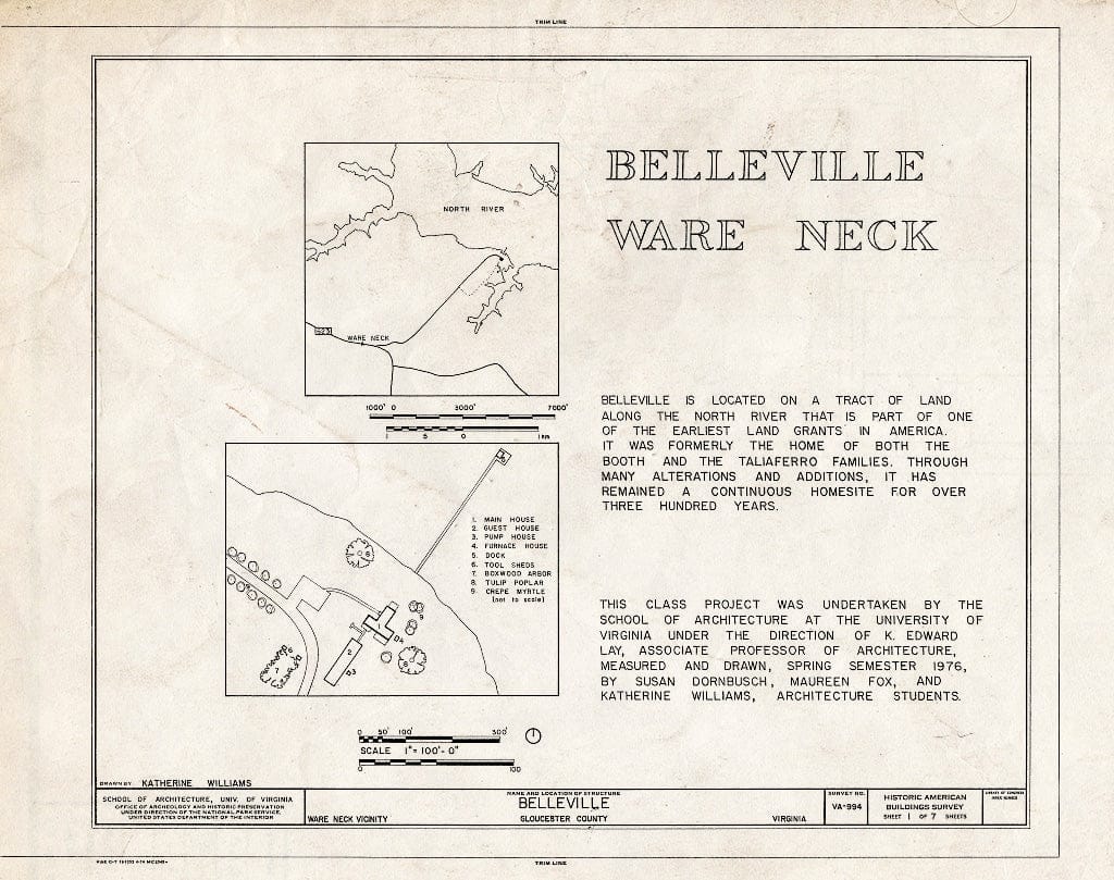 Blueprint Location map, site Plan, and Statement of Significance - Belleville, North River & Belleville Creek Vicinity, Ware Neck, Gloucester County, VA
