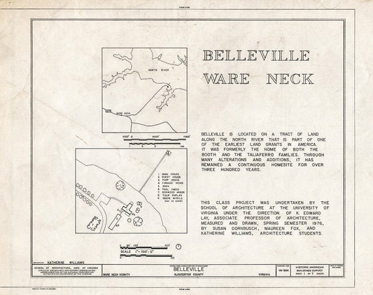 Blueprint Location map, site Plan, and Statement of Significance - Belleville, North River & Belleville Creek Vicinity, Ware Neck, Gloucester County, VA