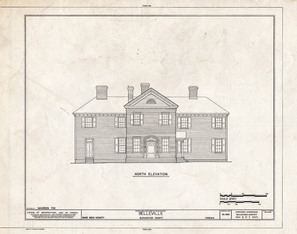 Blueprint North Elevation - Belleville, North River & Belleville Creek Vicinity, Ware Neck, Gloucester County, VA