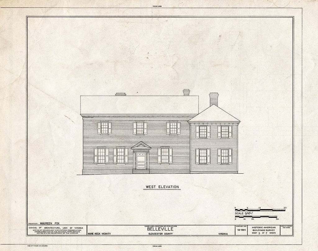 Blueprint West Elevation - Belleville, North River & Belleville Creek Vicinity, Ware Neck, Gloucester County, VA