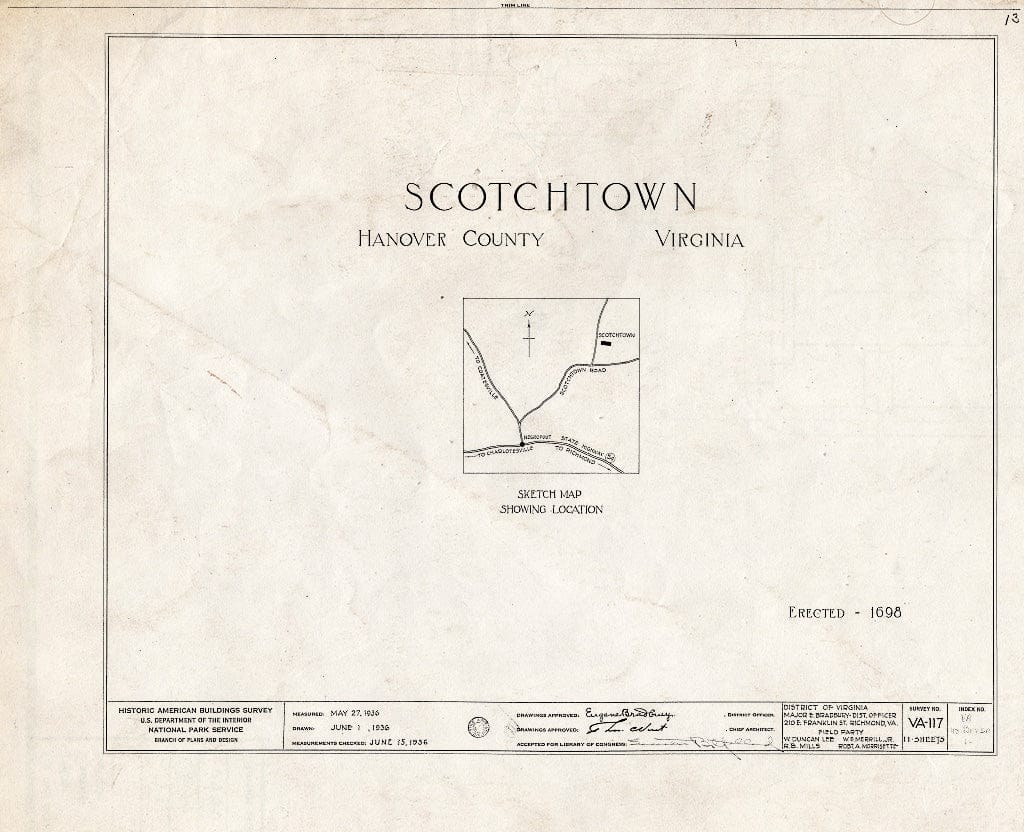 Blueprint HABS VA,43-BEVDA,1- (Sheet 0 of 11) - Scotchtown, State Route 685 Vicinity, Beaverdam, Hanover County, VA