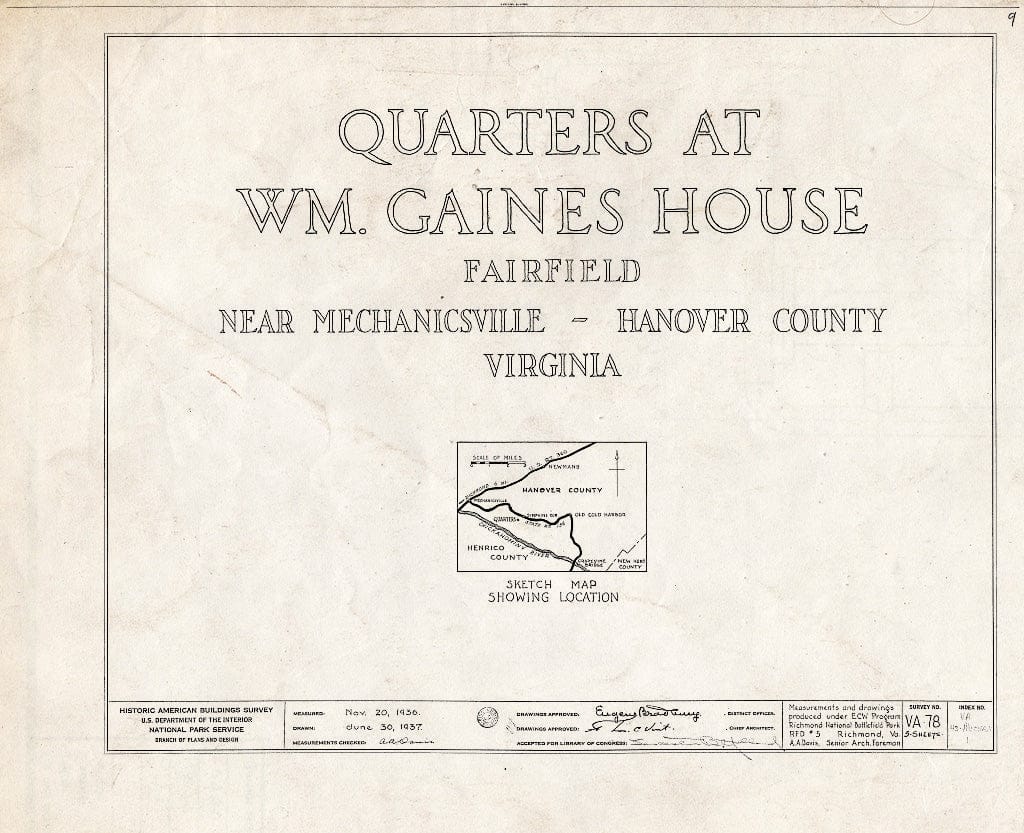 Blueprint HABS VA,43-Mecha.V,1- (Sheet 0 of 3) - William Gaines House (Quarters), State Route 615 Vicinity, Mechanicsville, Hanover County, VA