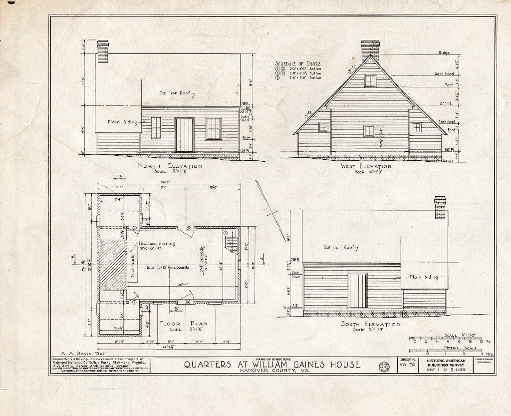 Blueprint HABS VA,43-Mecha.V,1- (Sheet 1 of 3) - William Gaines House (Quarters), State Route 615 Vicinity, Mechanicsville, Hanover County, VA