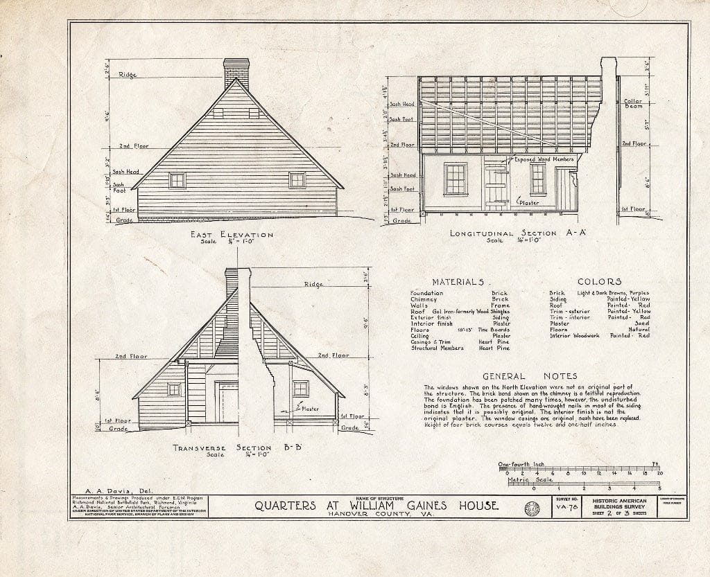 Blueprint HABS VA,43-Mecha.V,1- (Sheet 2 of 3) - William Gaines House (Quarters), State Route 615 Vicinity, Mechanicsville, Hanover County, VA
