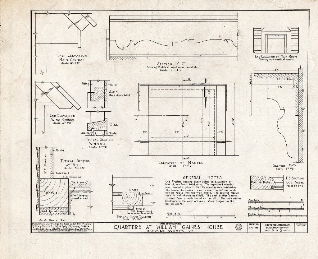 Blueprint HABS VA,43-Mecha.V,1- (Sheet 3 of 3) - William Gaines House (Quarters), State Route 615 Vicinity, Mechanicsville, Hanover County, VA