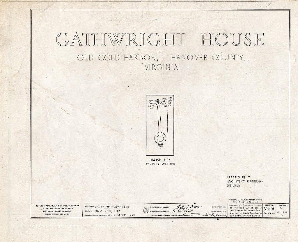 Blueprint HABS VA,43-Cold,1- (Sheet 0 of 13) - Gathwright House, Route 156, Old Cold Harbor, Hanover County, VA