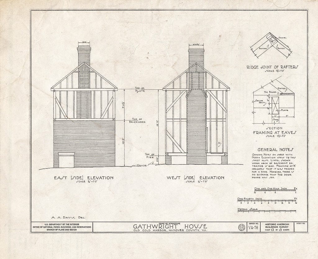 Blueprint HABS VA,43-Cold,1- (Sheet 13 of 13) - Gathwright House, Route 156, Old Cold Harbor, Hanover County, VA