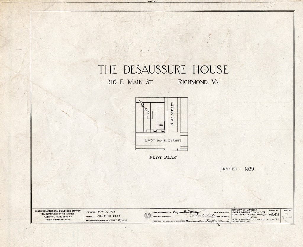 Blueprint HABS VA,44-Rich,16- (Sheet 0 of 11) - DE Saussure House, 316 East Main Street, Richmond, Independent City, VA