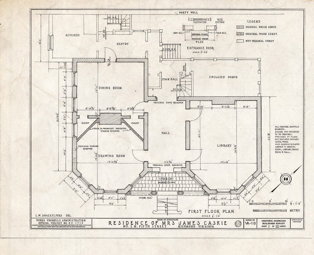 Blueprint HABS VA,44-Rich,2- (Sheet 1 of 12) - Mrs. James Caskie House, 2 North Fifth Street, Richmond, Independent City, VA
