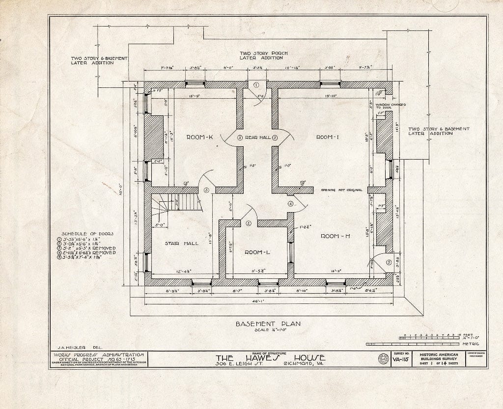 Blueprint HABS VA,44-Rich,17- (Sheet 1 of 14) - Hawes House, 506 East Leigh Street, Richmond, Independent City, VA