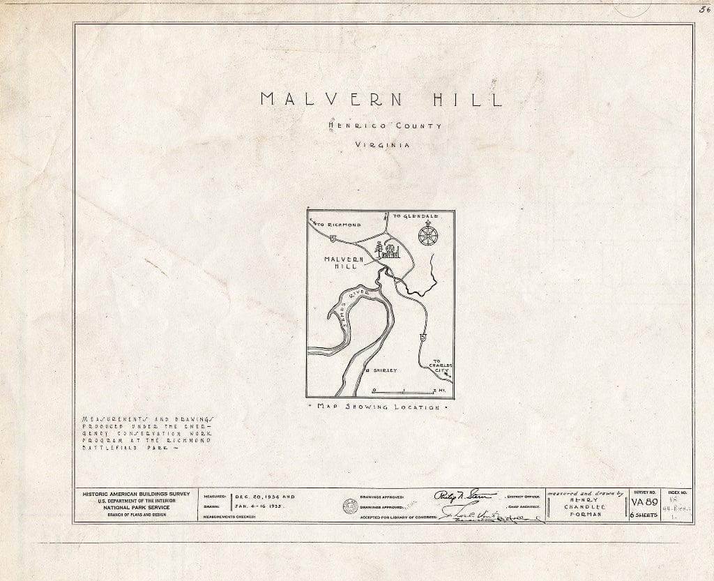 Blueprint HABS VA,44-Rich.V,1- (Sheet 0 of 6) - Malvern Hill, State Route 156 Vicinity, Richmond, Independent City, VA