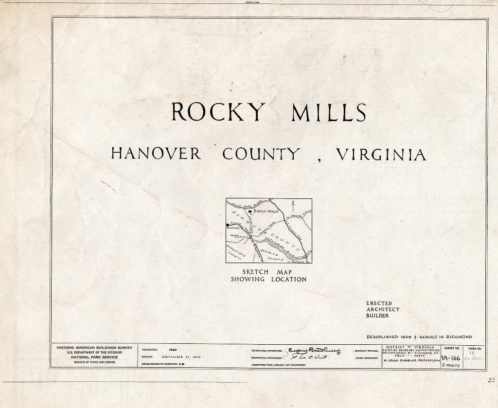 Blueprint HABS VA,43-ASH.V,1- (Sheet 0 of 6) - Rocky Mills Mansion, 211 Ross Road (Moved from Ashland Vicinity, VA), Richmond, Independent City, VA