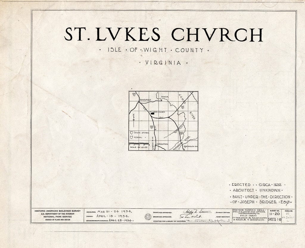 Blueprint HABS VA,47-SMIF.V,1- (Sheet 0 of 10) - St. Luke's Church, State Route 10 Vicinity, Smithfield, Isle of Wight County, VA