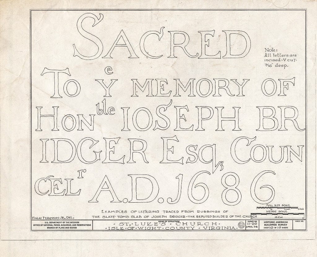 Blueprint HABS VA,47-SMIF.V,1- (Sheet 10 of 10) - St. Luke's Church, State Route 10 Vicinity, Smithfield, Isle of Wight County, VA