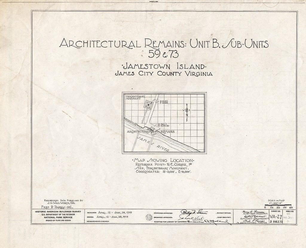 Blueprint HABS VA,48-JAM,3- (Sheet 0 of 3) - Architectural Remains, Unit B, Sub-Units 59 & 73, Jamestown, James City County, VA