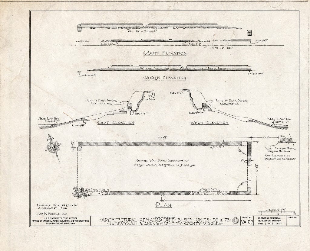 Blueprint HABS VA,48-JAM,3- (Sheet 1 of 3) - Architectural Remains, Unit B, Sub-Units 59 & 73, Jamestown, James City County, VA
