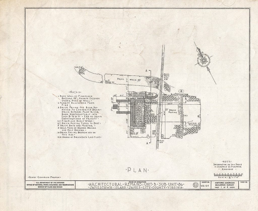 Blueprint HABS VA,48-JAM,5- (Sheet 1 of 4) - Architectural Remains, Unit B, Sub-Unit 86, Jamestown, James City County, VA