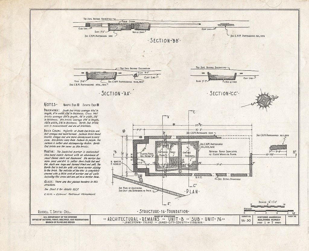 Blueprint HABS VA,48-JAM,6- (Sheet 1 of 7) - Architectural Remains, Unit B, Sub-Unit 76, Jamestown, James City County, VA