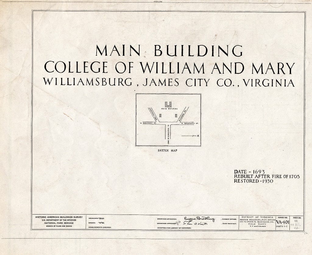 Blueprint HABS VA,48-WIL,4A- (Sheet 0 of 1) - William & Mary College, Main Bulding, College Yard, Williamsburg, Williamsburg, VA
