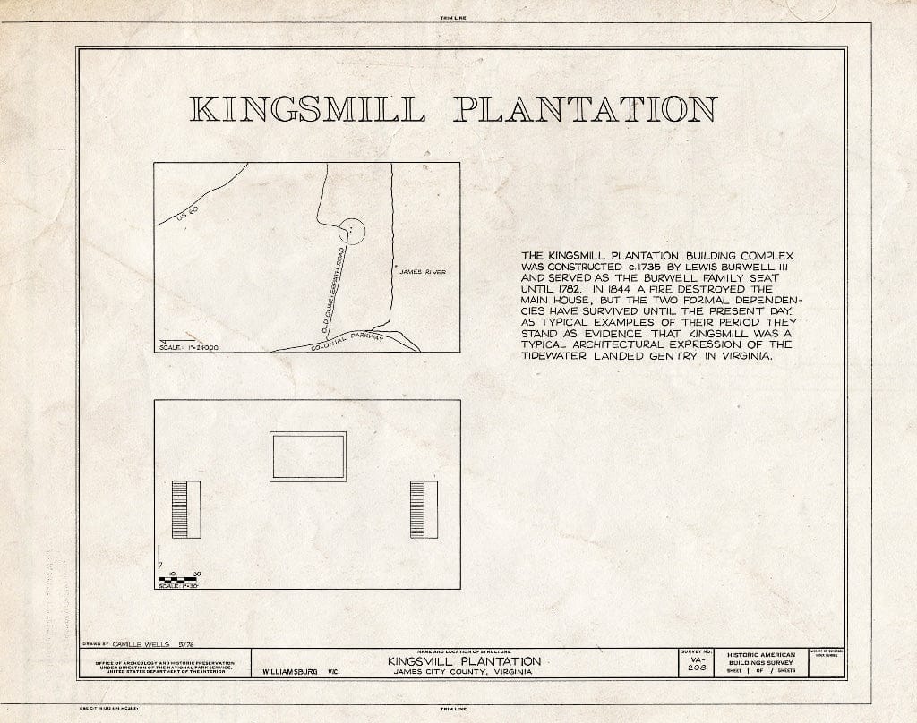 Blueprint HABS VA,48-WIL.V,4- (Sheet 1 of 7) - Kingsmill Plantation, Dependencies, Kingsmill Pond Vicinity, Williamsburg, Williamsburg, VA