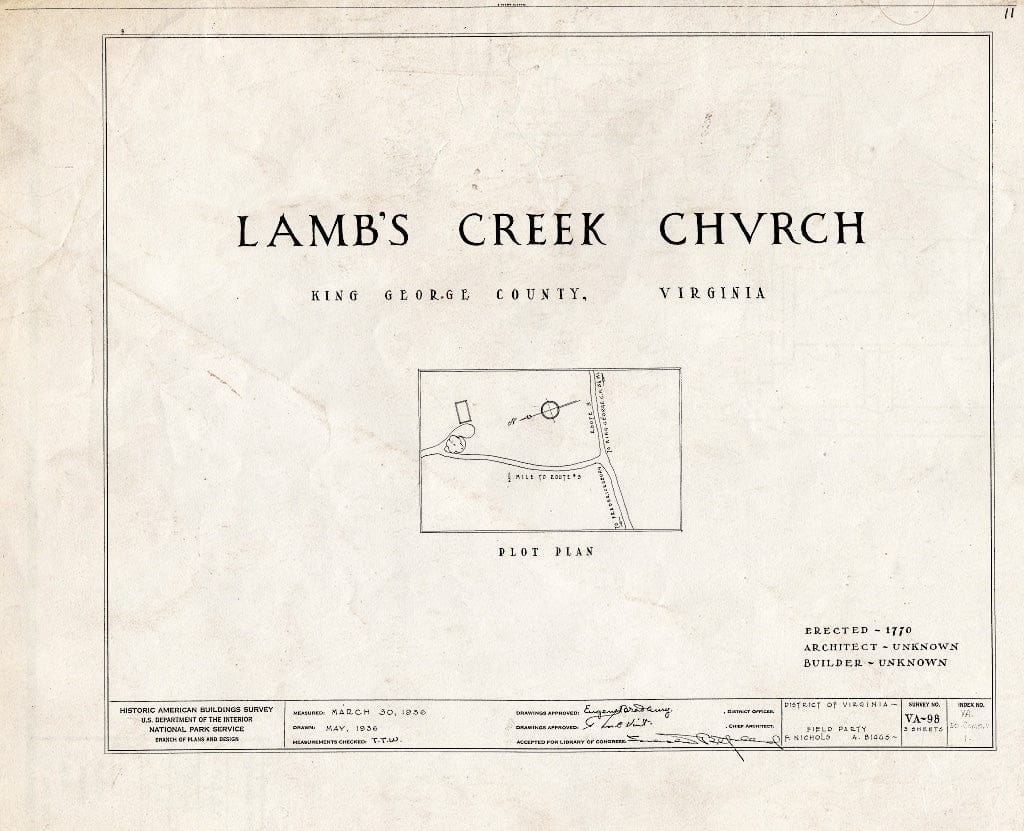 Blueprint HABS VA,50-Como.V,1- (Sheet 0 of 3) - Lamb's Creek Church (Episcopal), State Route 694, Comorn, King George County, VA