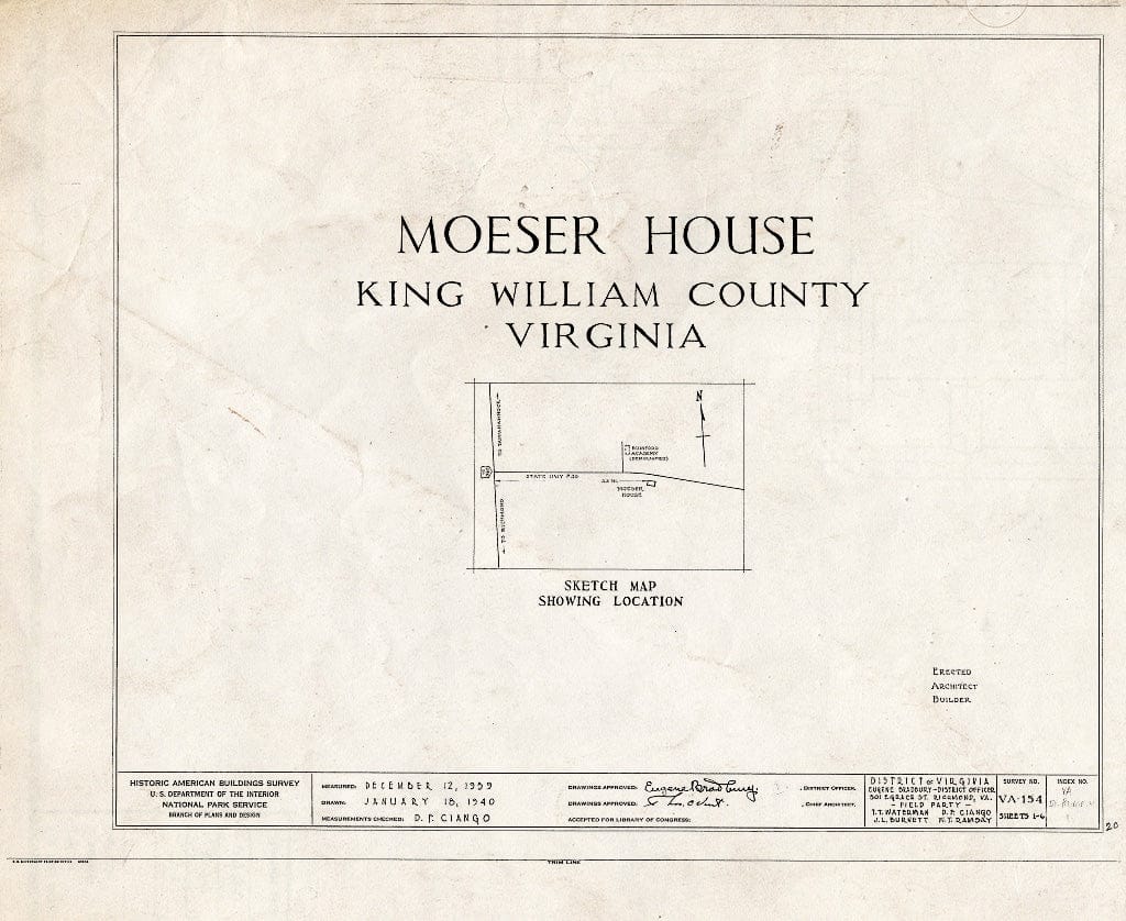 Blueprint HABS VA,51-RUMF.V,1- (Sheet 0 of 6) - Moeser House, State Route 30 Vicinity, Aylett, King William County, VA