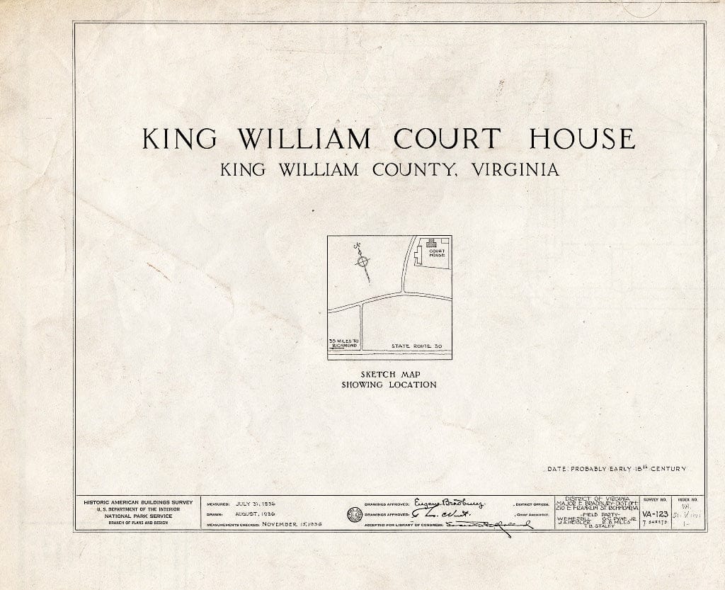 Blueprint HABS VA,51-Kiwi,1- (Sheet 0 of 7) - King William County Courthouse & Stable, State Route 619, King William, King William County, VA