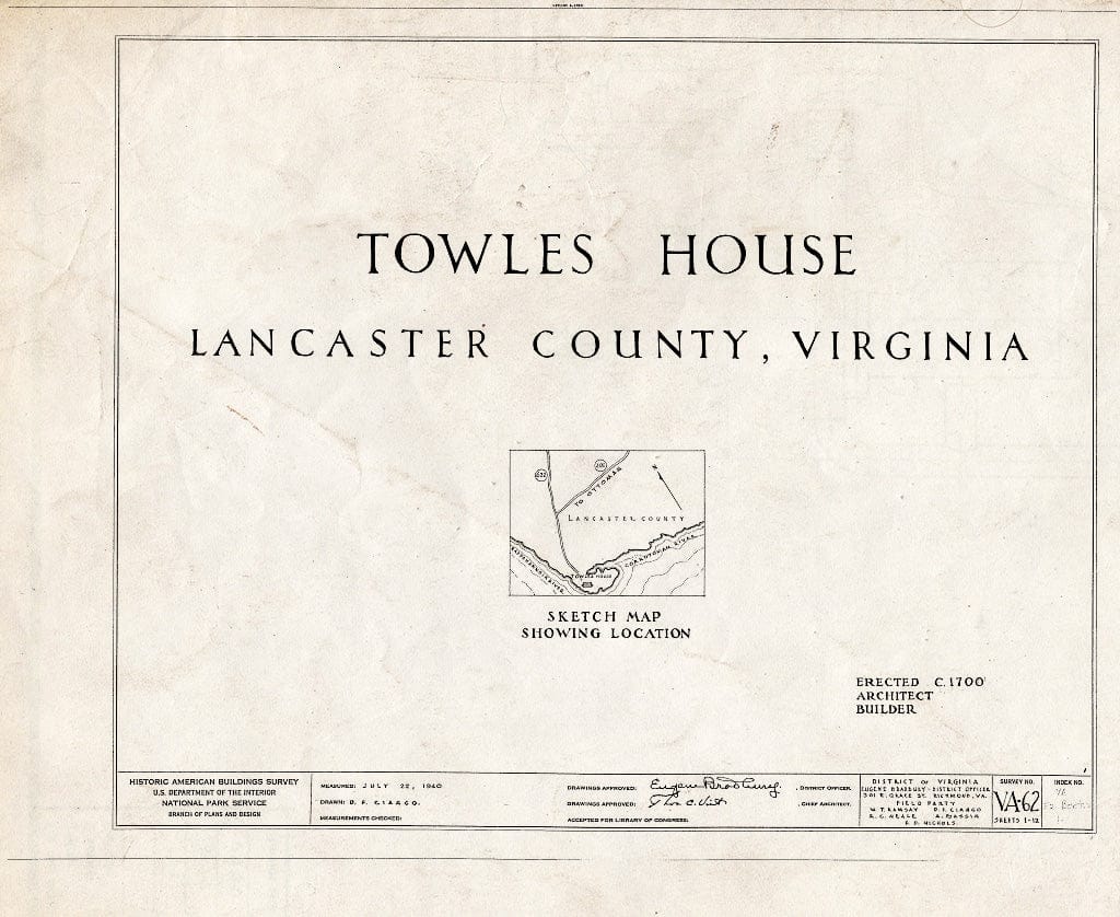 Blueprint HABS VA,52-BERT.V,1- (Sheet 0 of 12) - Towles House, Rappahannock River, Bertrand, Lancaster County, VA