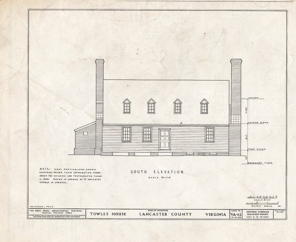 Blueprint HABS VA,52-BERT.V,1- (Sheet 5 of 12) - Towles House, Rappahannock River, Bertrand, Lancaster County, VA