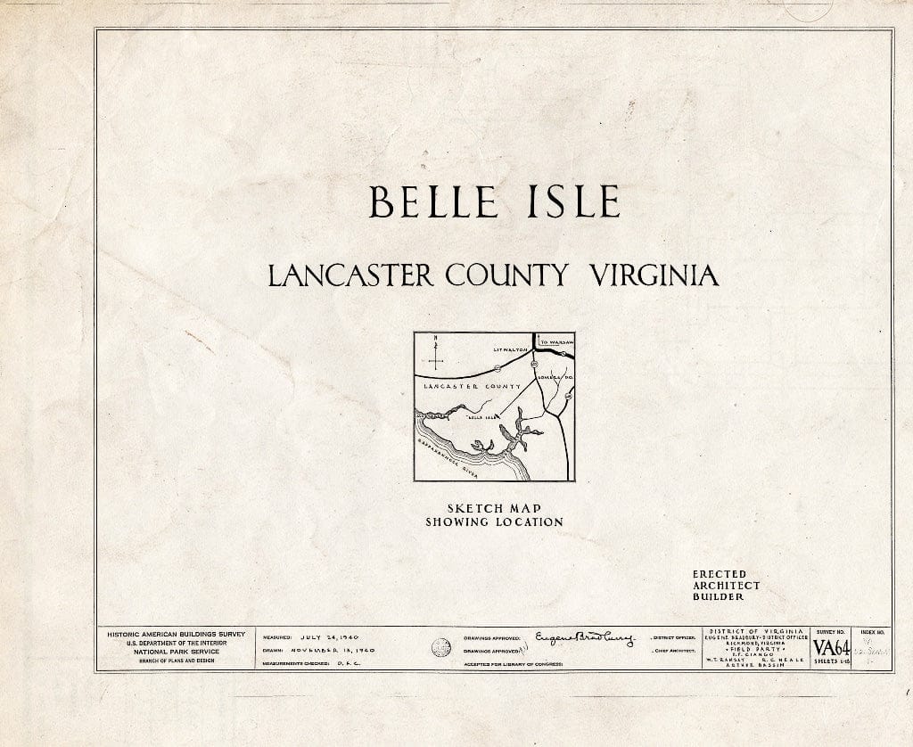 Blueprint HABS VA,52-SOM.V,1- (Sheet 0 of 18) - Belle Isle, State Route 683, Somers, Lancaster County, VA