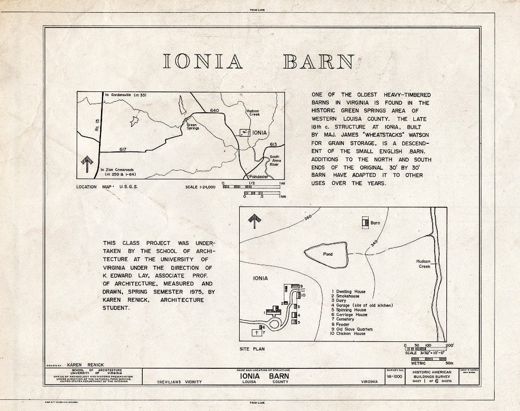 Blueprint Location map, site Plan and Statement of Significance - Ionia, Barn, Route 640 Vicinity, Trevilians, Louisa County, VA