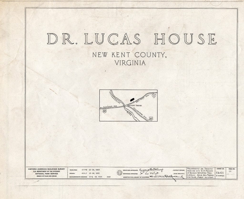 Blueprint HABS VA,64-,3- (Sheet 0 of 8) - Doctor Lucas House, State Route 33, Quinton, New Kent County, VA