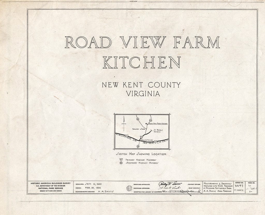 Blueprint HABS VA,64-TUN.V,1- (Sheet 0 of 5) - Road View Farm, Kitchen, State Route 609 Vicinity, Tunstall, New Kent County, VA