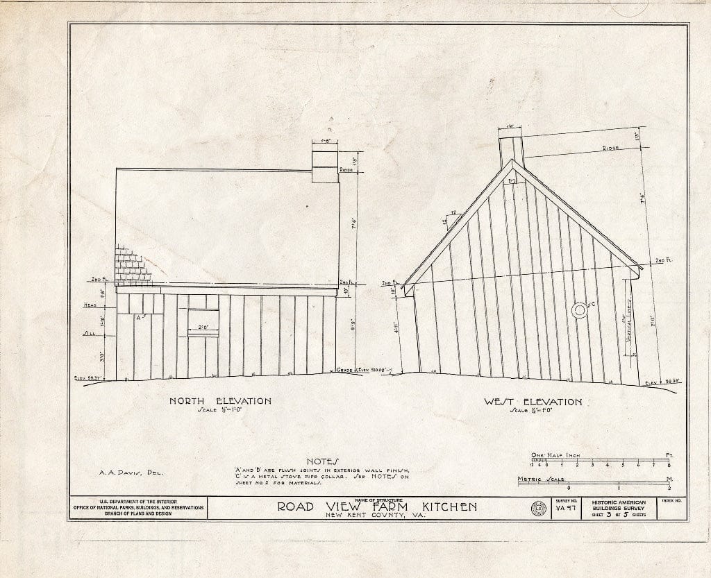 Blueprint HABS VA,64-TUN.V,1- (Sheet 3 of 5) - Road View Farm, Kitchen, State Route 609 Vicinity, Tunstall, New Kent County, VA