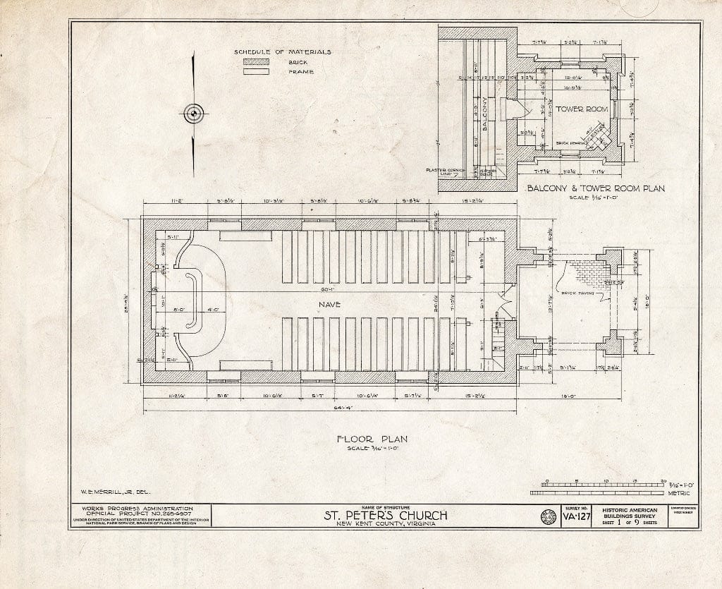 Blueprint HABS VA,64-TUN.V,4- (Sheet 1 of 9) - St. Peter's Church, State Route 642, Tunstall, New Kent County, VA