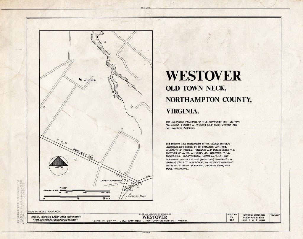 Blueprint HABS VA,66-East.V,7- (Sheet 1 of 7) - Westover, State Route 630/U.S. Route 1 Vicinity (Old Town Neck), Eastville, Northampton County, VA