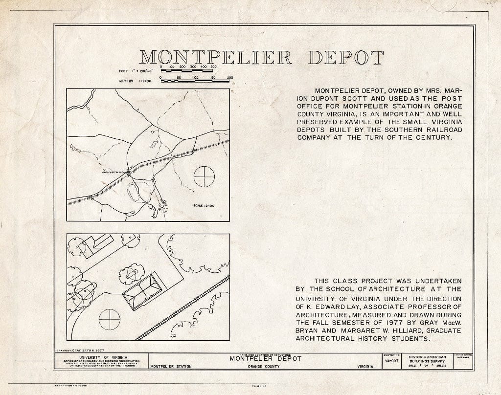 Blueprint Location map, site Plan, and Statement of Significance - Montpelier Depot, State Route 20 at Orange County Road 639, Montpelier Station, Orange County, VA