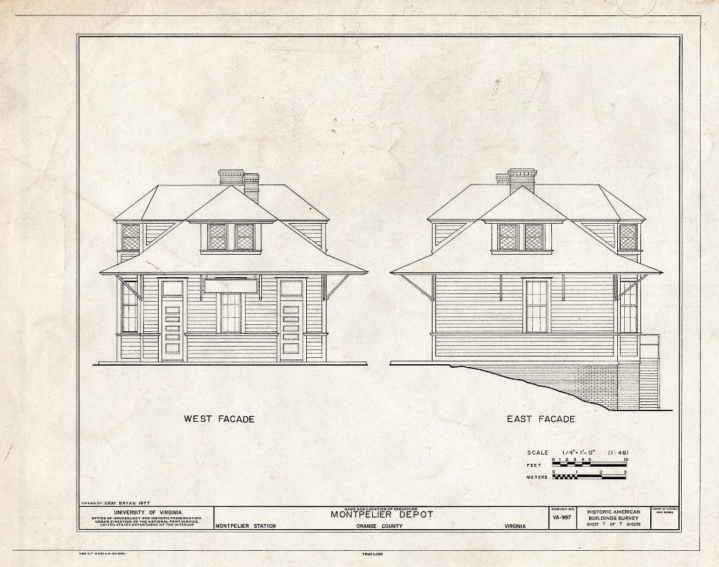Blueprint West and East Elevation - Montpelier Depot, State Route 20 at Orange County Road 639, Montpelier Station, Orange County, VA