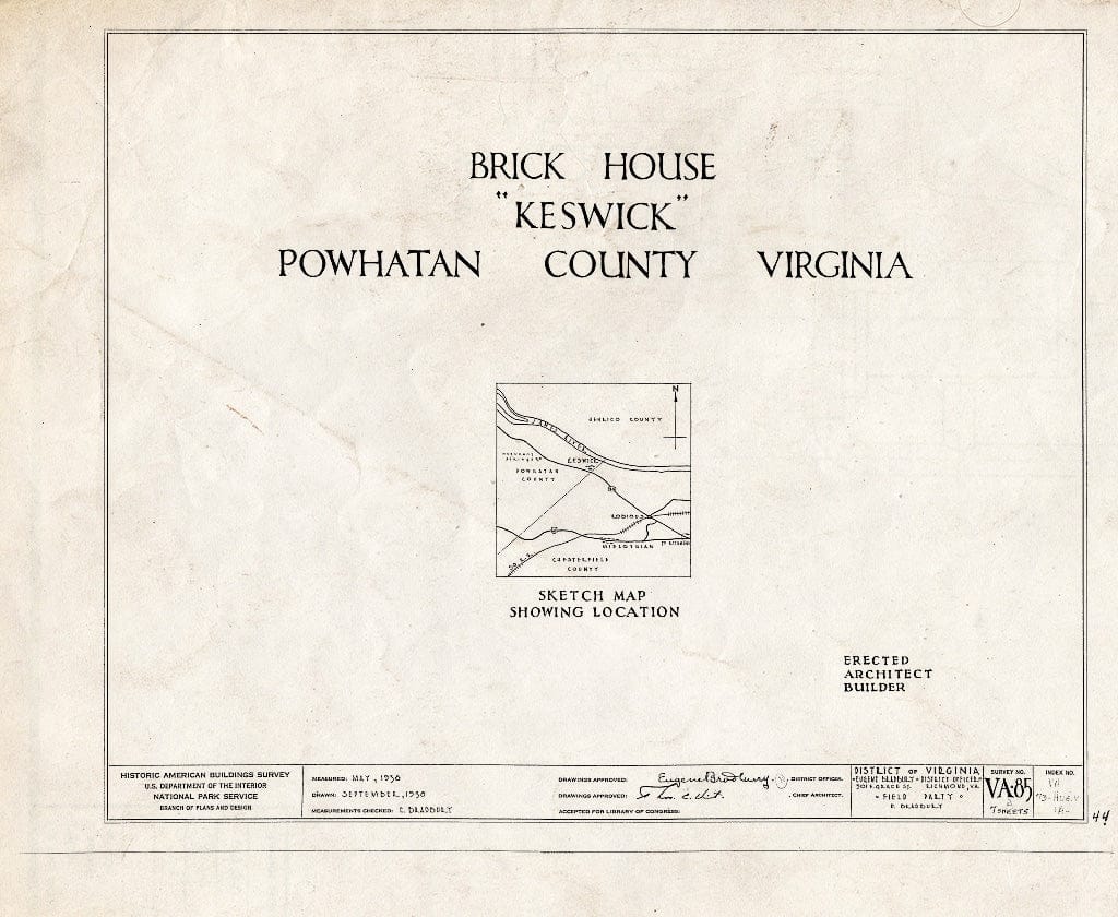 Blueprint HABS VA,73-Hug.V,1A- (Sheet 0 of 7) - Keswick, Brick House (First), State Route 711 Vicinity, Huguenot, Powhatan County, VA