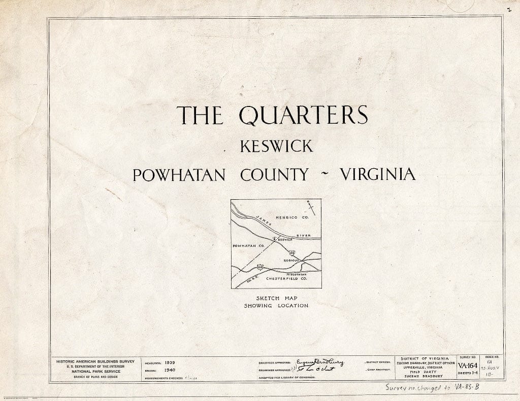 Blueprint HABS VA,73-Hug.V,1B- (Sheet 0 of 4) - Keswick, Quarters, State Route 711 Vicinity, Huguenot, Powhatan County, VA