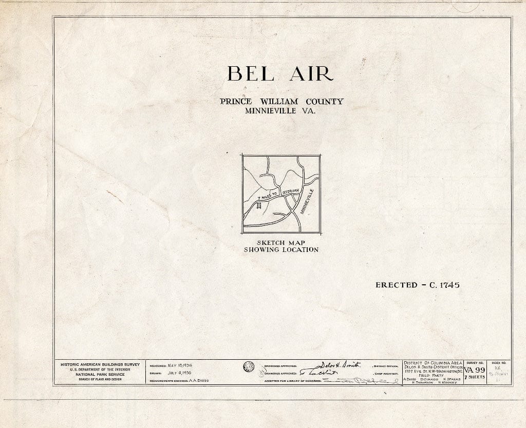Blueprint HABS VA,76-MINVI,1- (Sheet 0 of 7) - Bel Air, State Route 640 Vicinity, Minnieville, Prince William County, VA