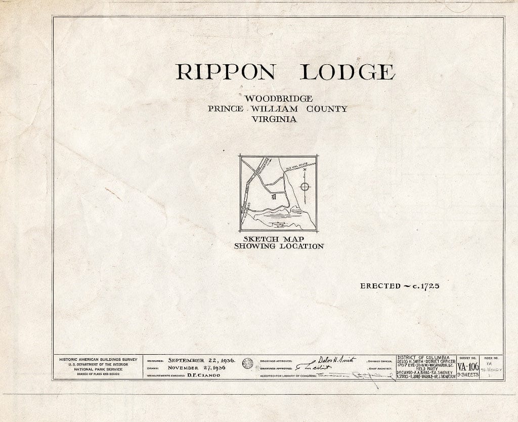 Blueprint HABS VA,76-Wood.V,1- (Sheet 0 of 9) - Rippon Lodge, State Route 638, Woodbridge, Prince William County, VA