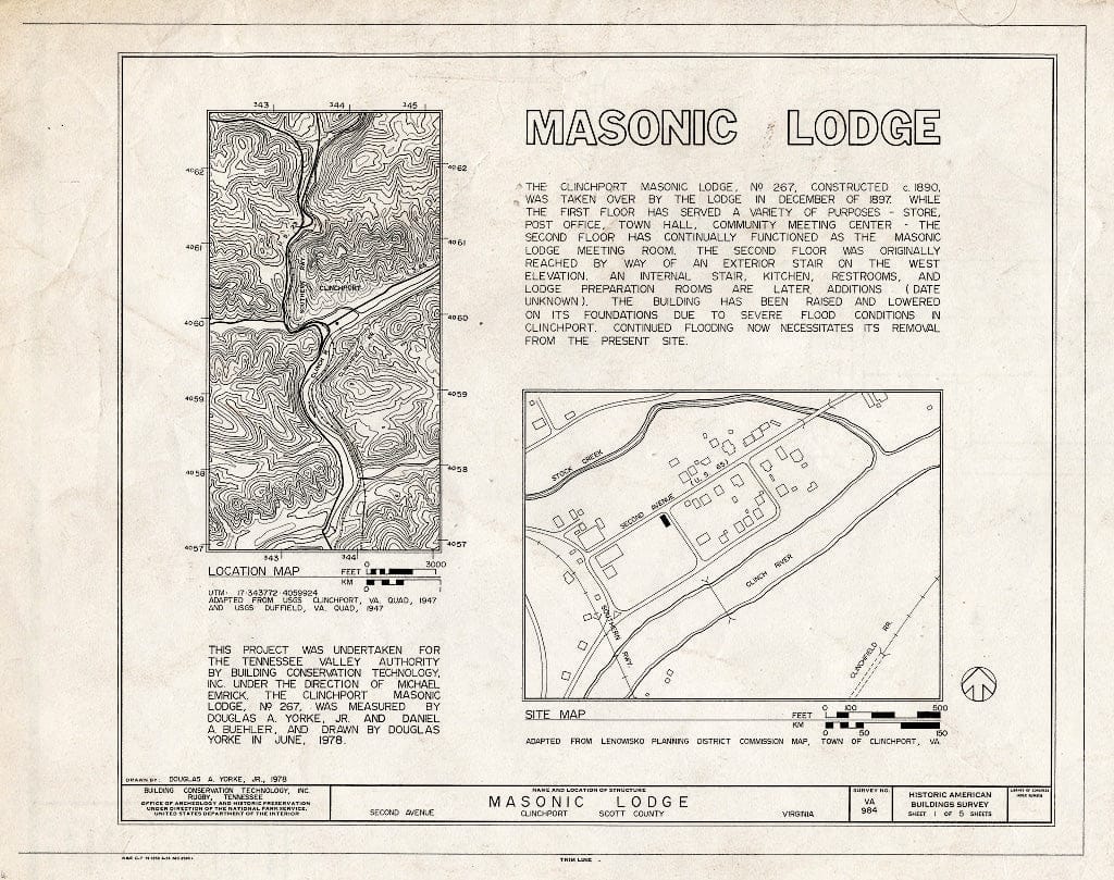 Blueprint Location map, site Plan, and Statement of Significance - Clinchport Masonic Lodge No. 267, Second Avenue, Clinchport, Scott County, VA