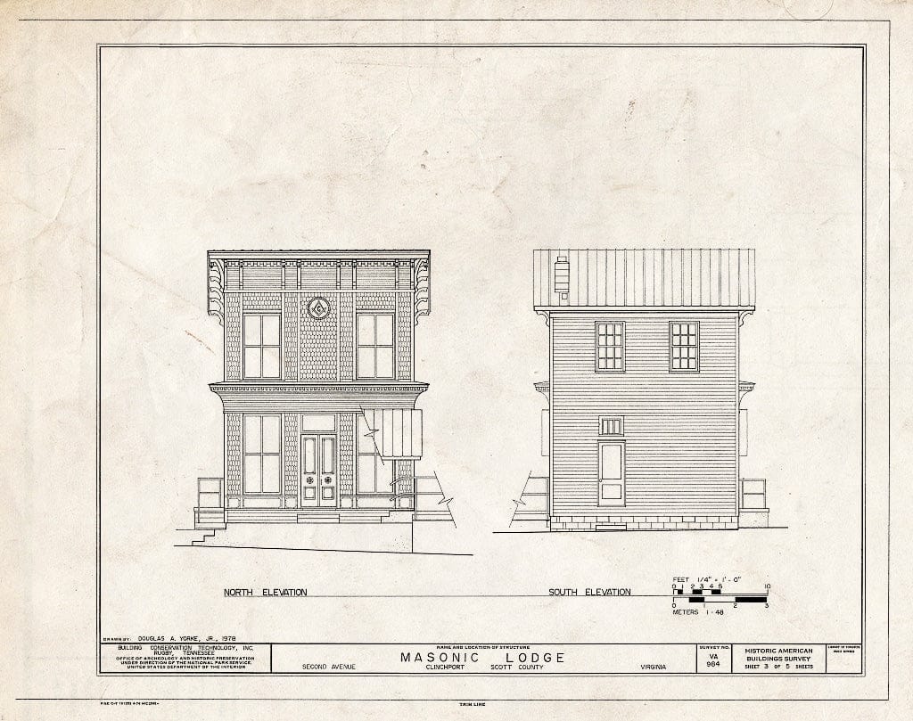 Blueprint North and South elevations - Clinchport Masonic Lodge No. 267, Second Avenue, Clinchport, Scott County, VA