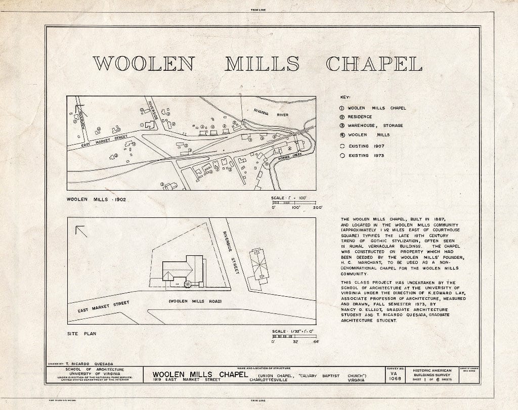 Blueprint HABS VA,2-Char,13A- (Sheet 1 of 6) - Woolen Mills Chapel, 1819 East Market Street, Charlottesville, Charlottesville, VA