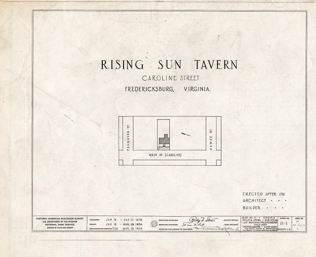 Blueprint HABS VA,89-FRED,4- (Sheet 0 of 6) - Rising Sun Tavern, 1306 Caroline Street, Fredericksburg, Fredericksburg, VA