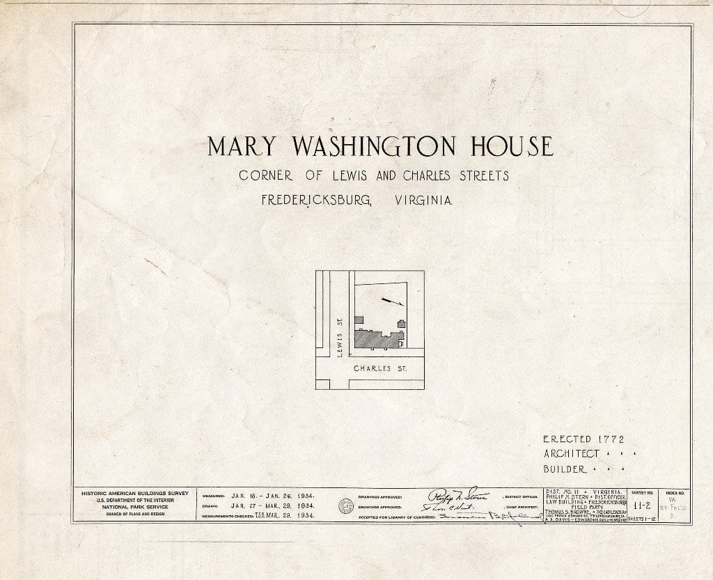Blueprint HABS VA,89-FRED,2- (Sheet 0 of 12) - Mary Washington House, 1200 Charles Street, Fredericksburg, Fredericksburg, VA